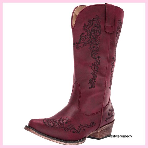 Women's Western Boots with Floral Embroidery Faux Leather 1.75